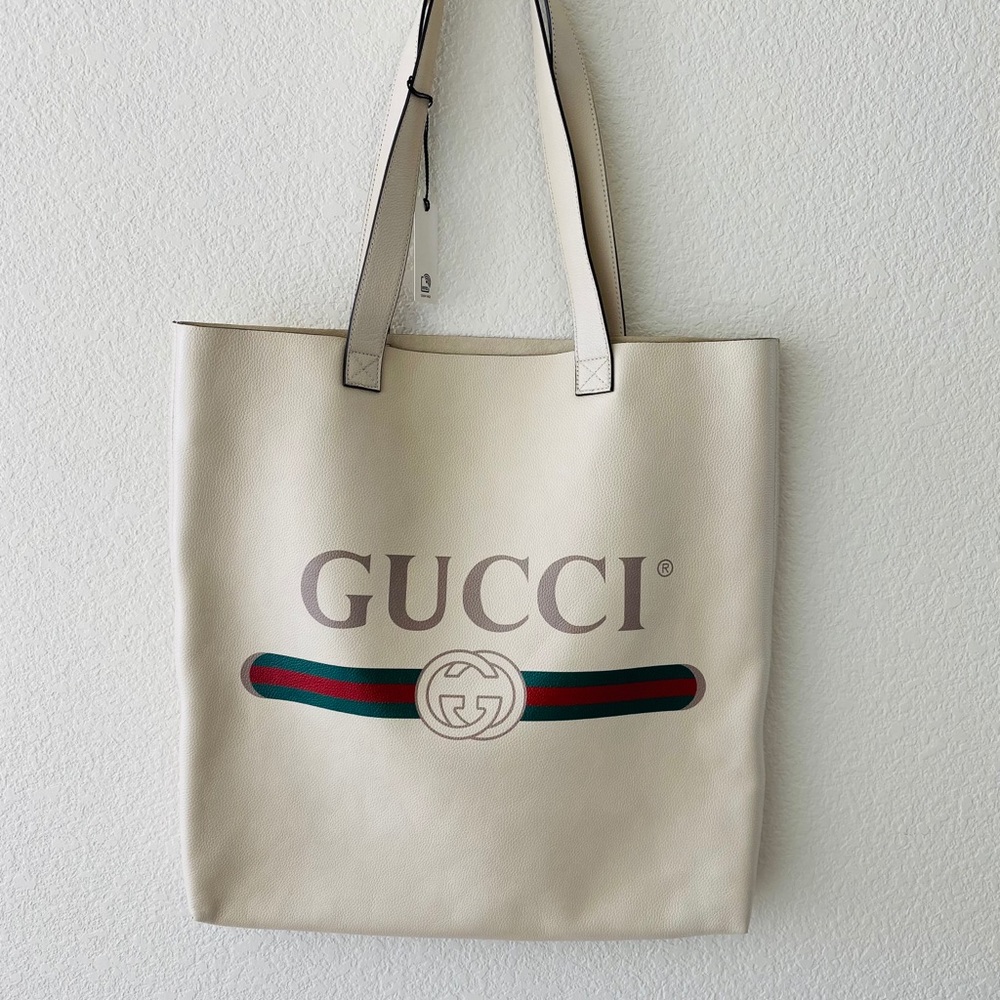 BNWT Gucci Tote Bag White Leather 572768 Vintage Logo Print Women/Men Unisex.